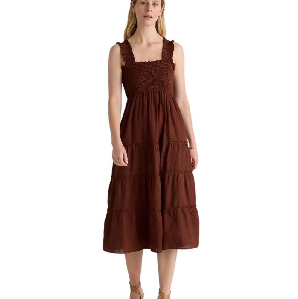 Quince 100% European Linen Smocked Midi Dress Chocolate Brown S